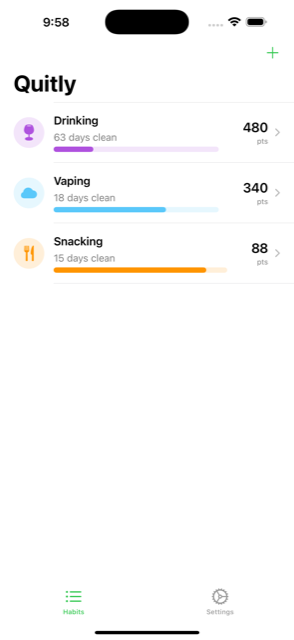 Quitly home screen listing habits with streaks and points