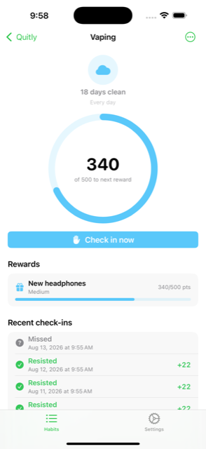 Quitly habit detail screen showing a points ring and streak