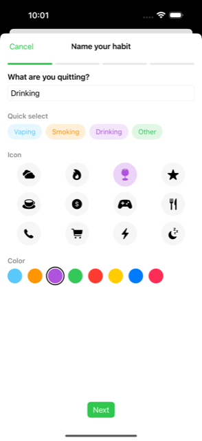 Quitly add habit flow with icon and color picker